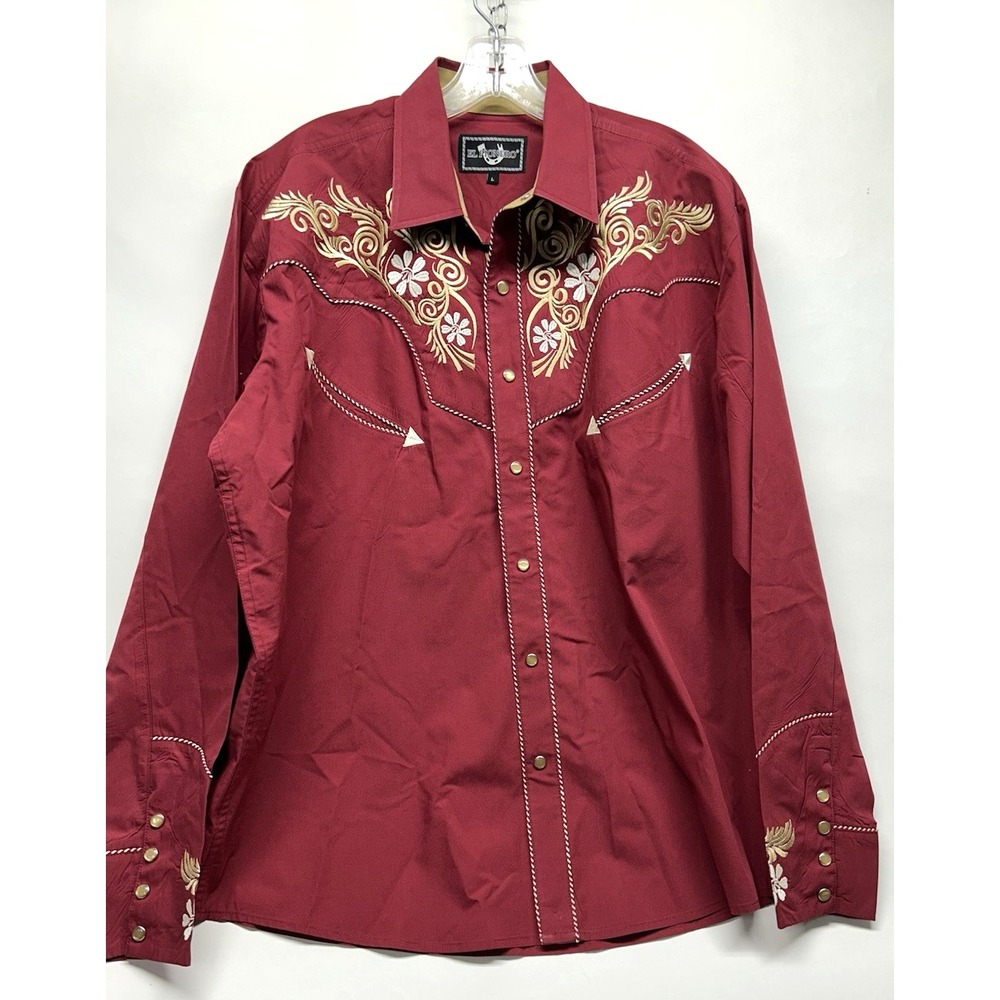El Pionero Western Men's Large Red/Gold Snap Button Cotton Blend Shirt (C1)
